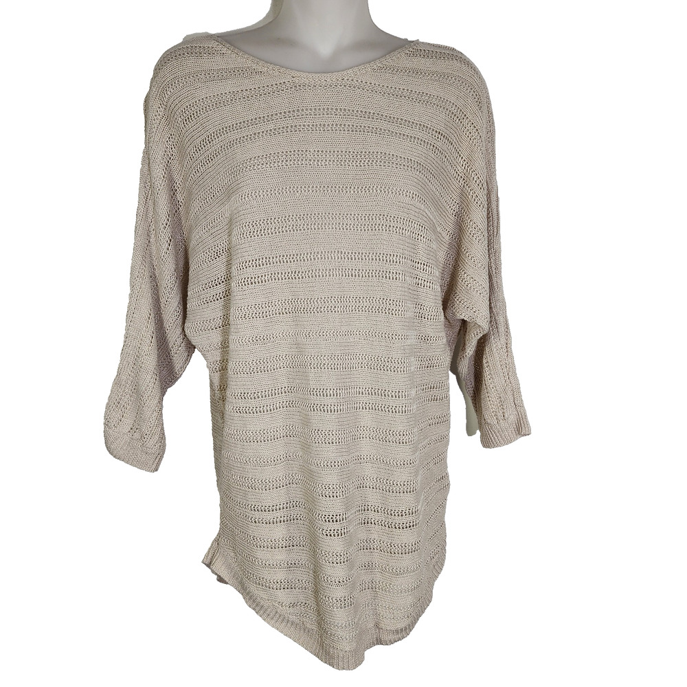Tahari Women 100% Linen Sweater Beige Dolman 3/4 Sleeve Minimalist Coastal Small